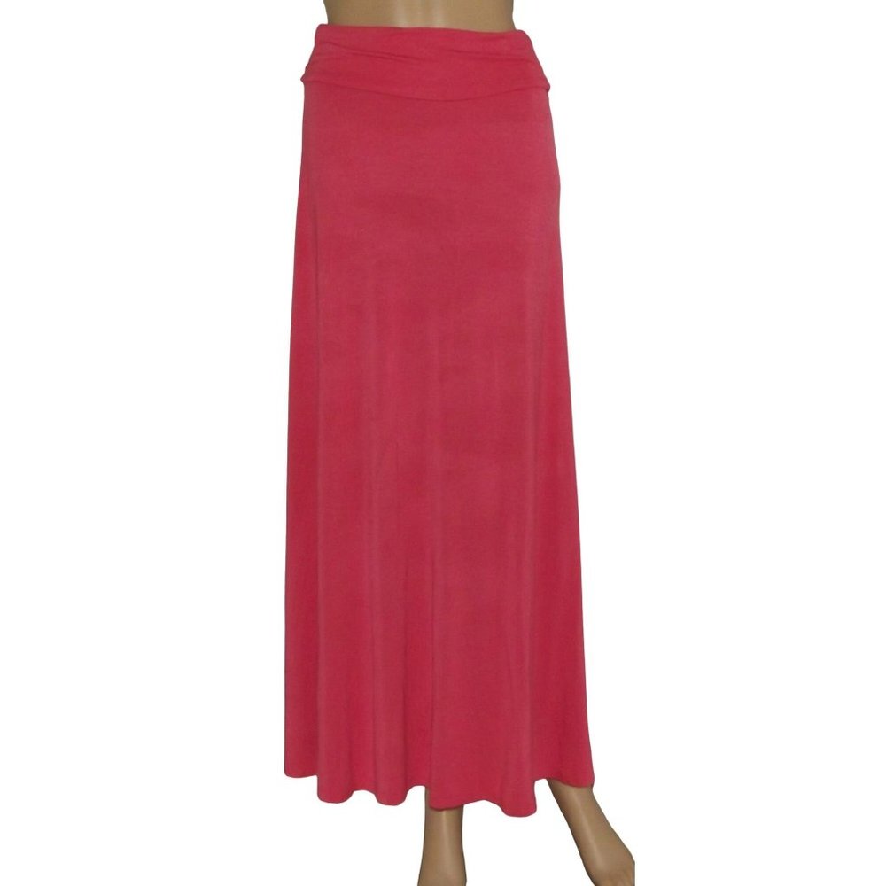 Coco Medium Maxi Skirt rollover waist long pretty coral pink knit rayon spandex